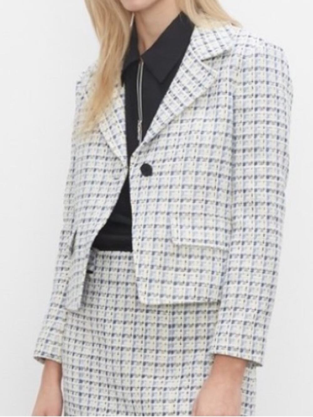 Club Monaco Tweed Cropped Blazer Blue Pale Yellow Cutaway Jacket Sz S